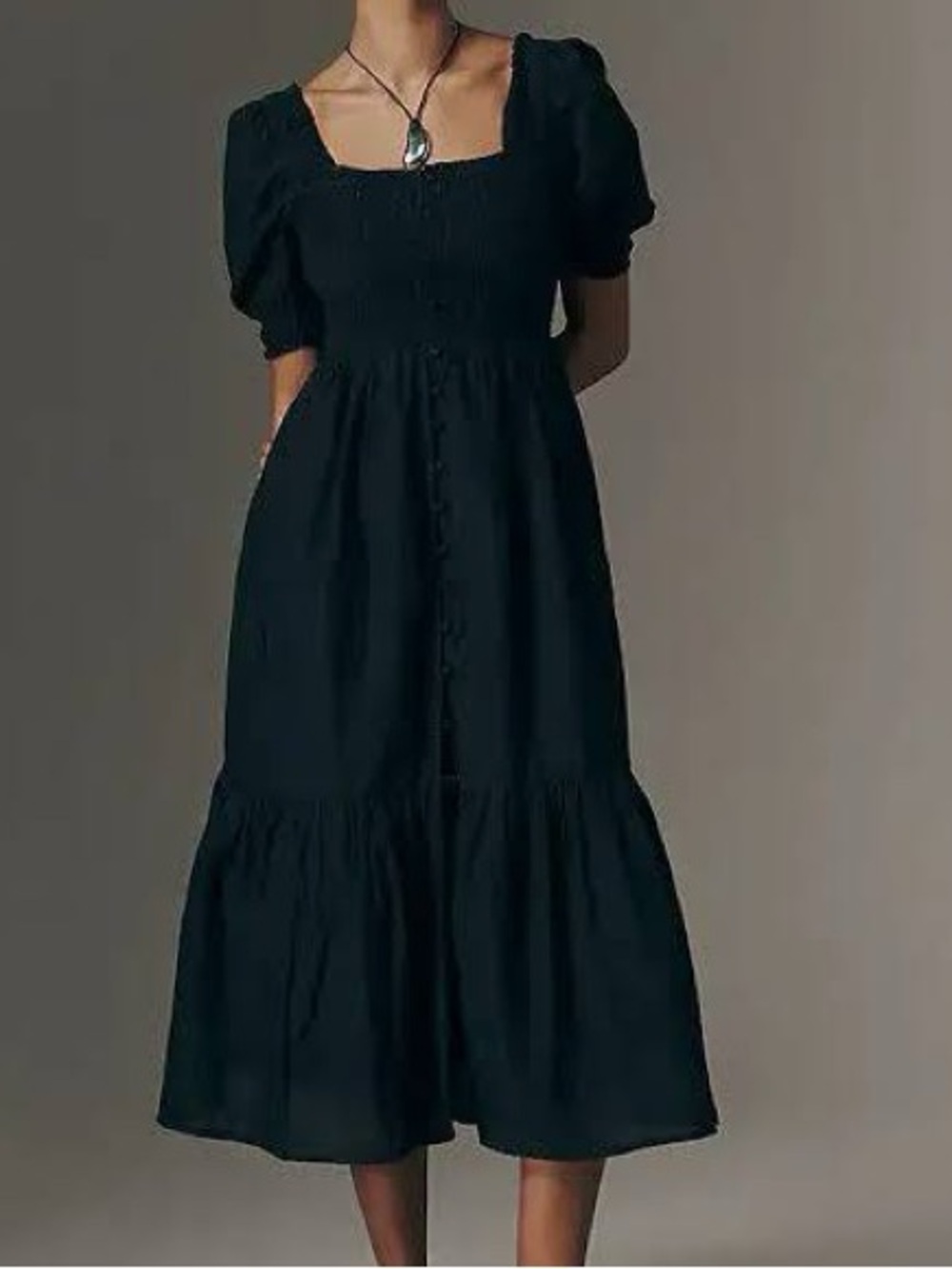 Anthropologie Peregrine Black Smocked Puff Sleeve Midi Dress Sz S